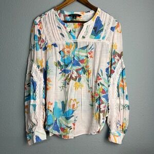 Zac & Rachel V Neck Spring Floral Print Blouse Lace‎ Trim Long Sleeve Top XL